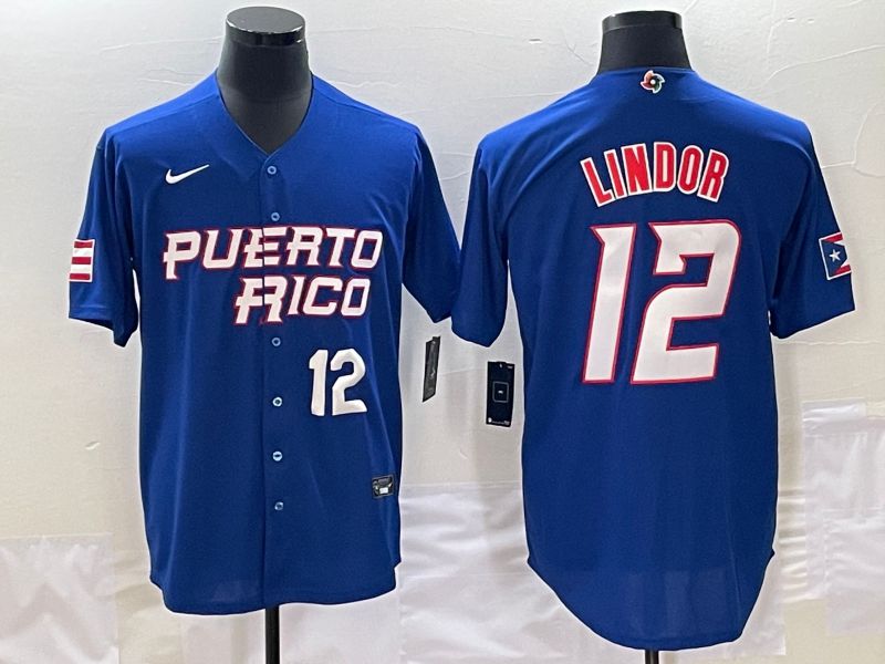 Men 2023 World Cub Puerto Rico #12 Lindor Blue Nike MLB Jersey3->more jerseys->MLB Jersey